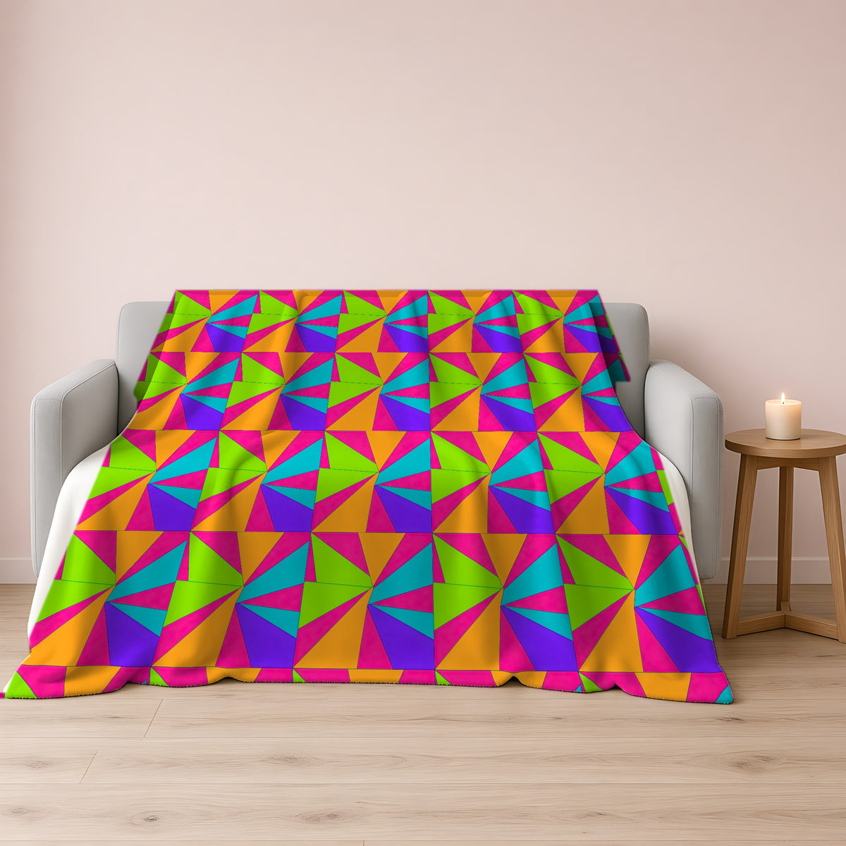 Cubist Sunburst Blocks Sherpa Fleece Blanket draped over a grey sofa