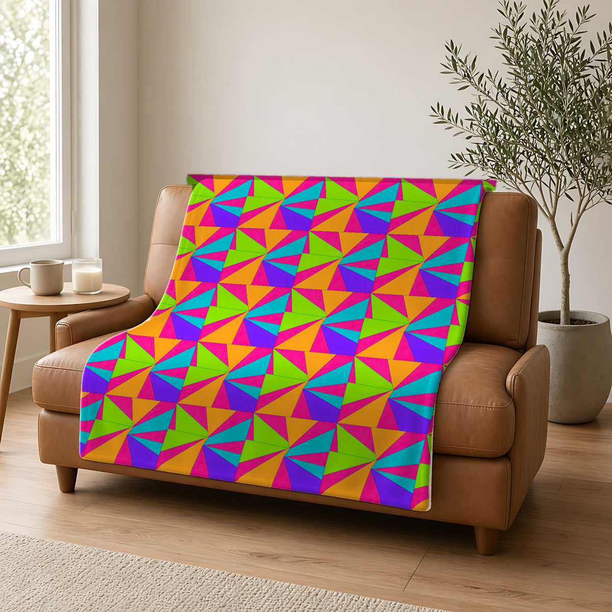 Cubist Sunburst Blocks Sherpa Fleece Blanket draped over a caramel leather sofa