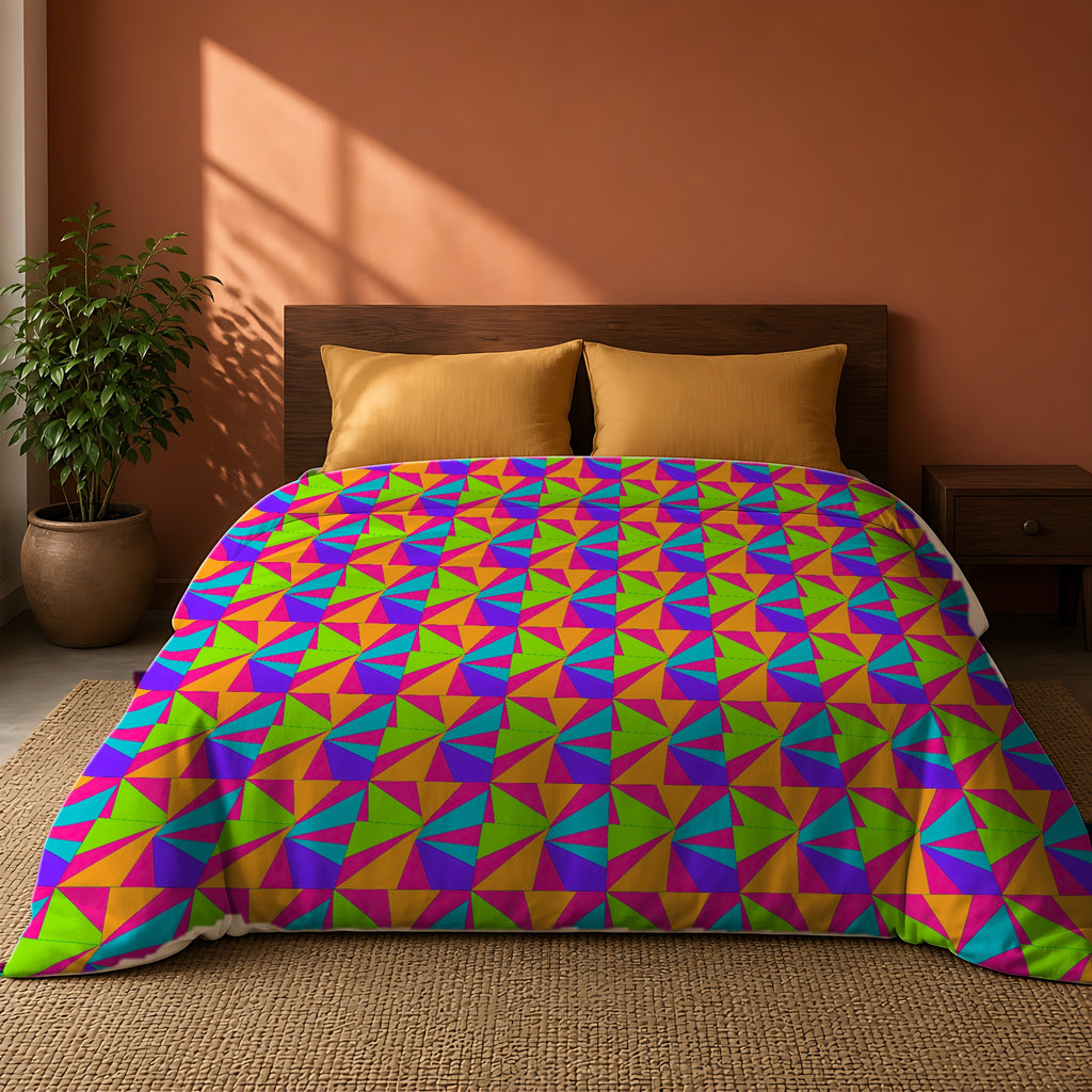Cubist Sunburst Blocks Comforter on a king bed against a warm terracotta wall