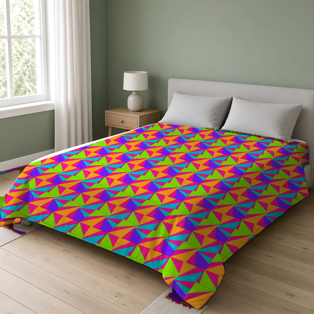 Cubist Sunburst Blocks Cotton Duvet Cover on a double bed in a bright sage-green bedroom