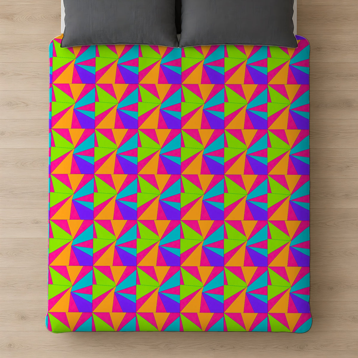 Cubist Sunburst Blocks Cotton Duvet Cover on a bed, seen from above