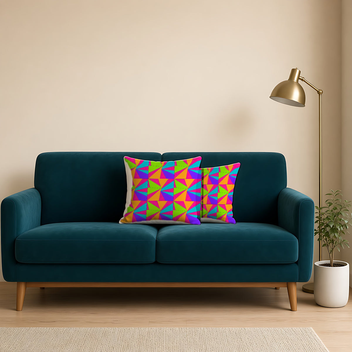 Cubist Sunburst Blocks Faux Suede Cushion on a teal velvet sofa