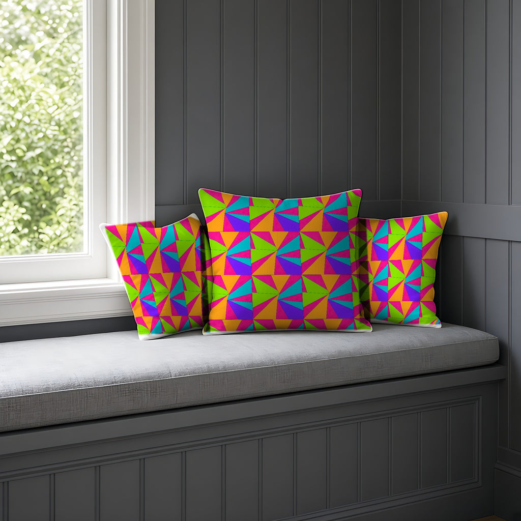 Cubist Sunburst Blocks Faux Suede Cushion on a window seat