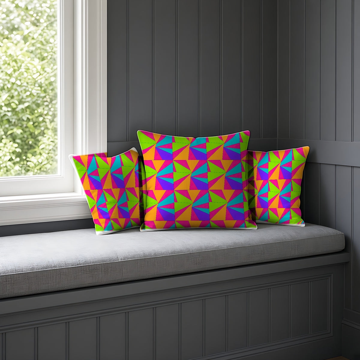 Cubist Sunburst Blocks Faux Suede Cushion on a window seat