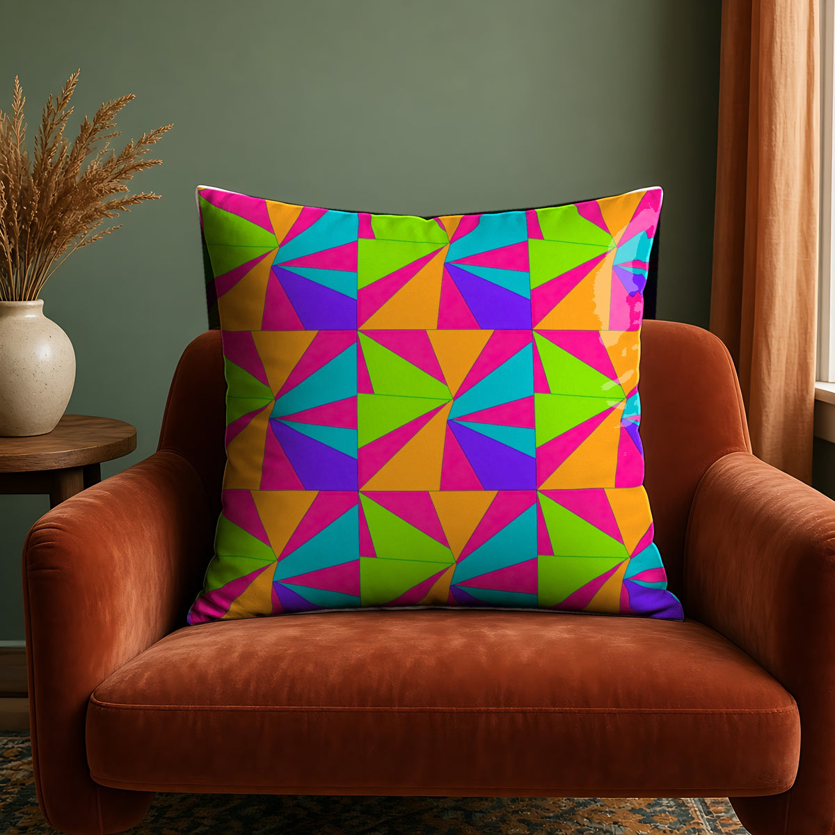 Cubist Sunburst Blocks Faux Suede Cushion in the Tropical Punch palette, on a rust velvet armchair against a sage wall