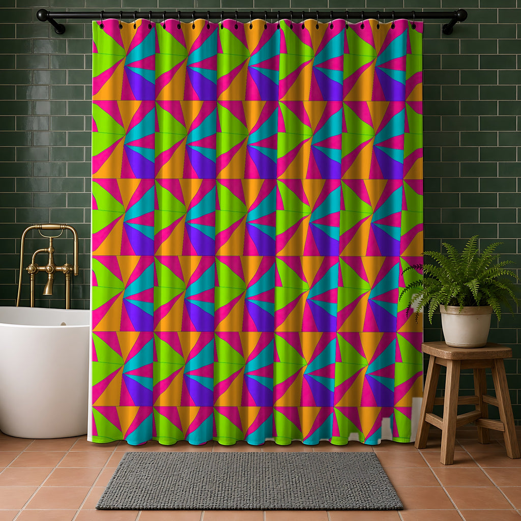 Cubist Sunburst Blocks Shower Curtain in a bathroom with dark green tiles