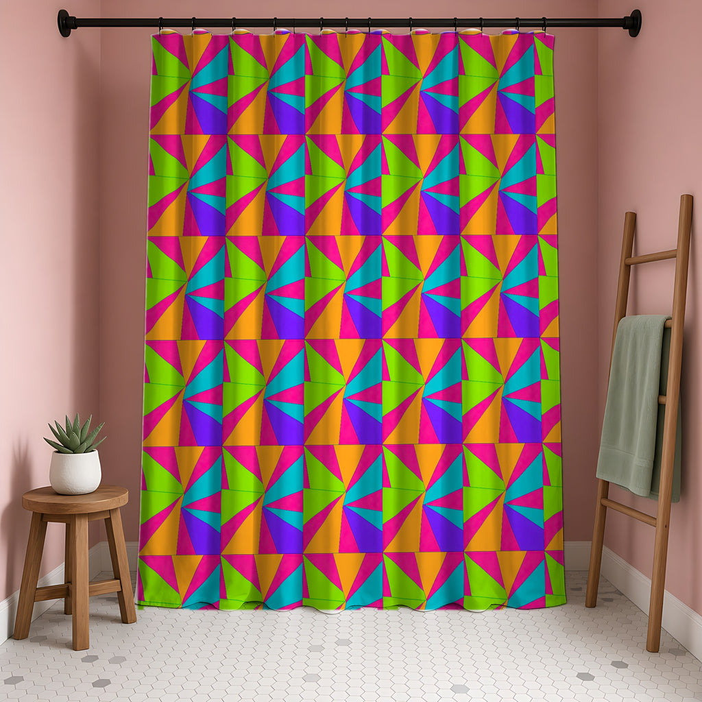 Cubist Sunburst Blocks Shower Curtain in a blush-pink bathroom