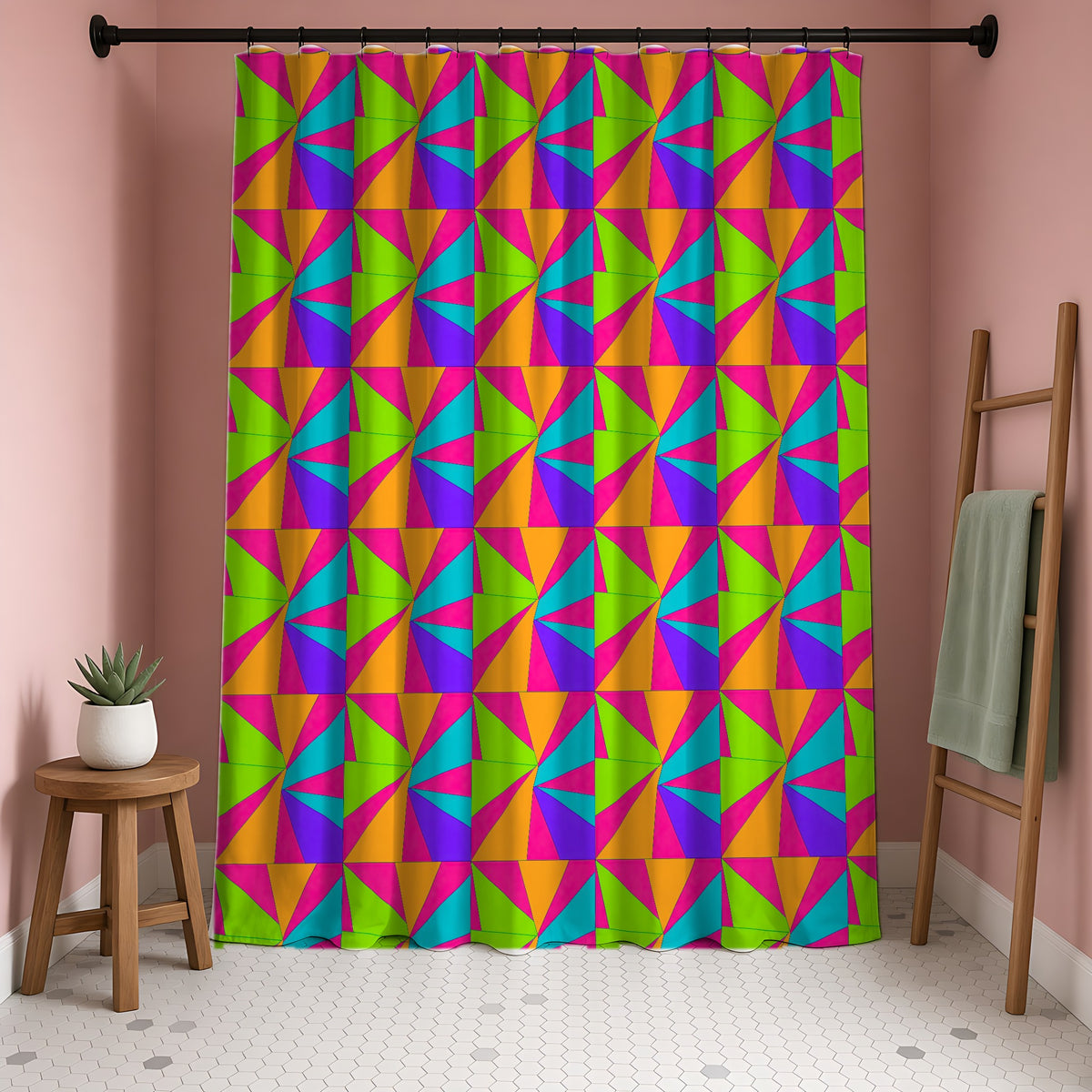 Cubist Sunburst Blocks Shower Curtain in a blush-pink bathroom