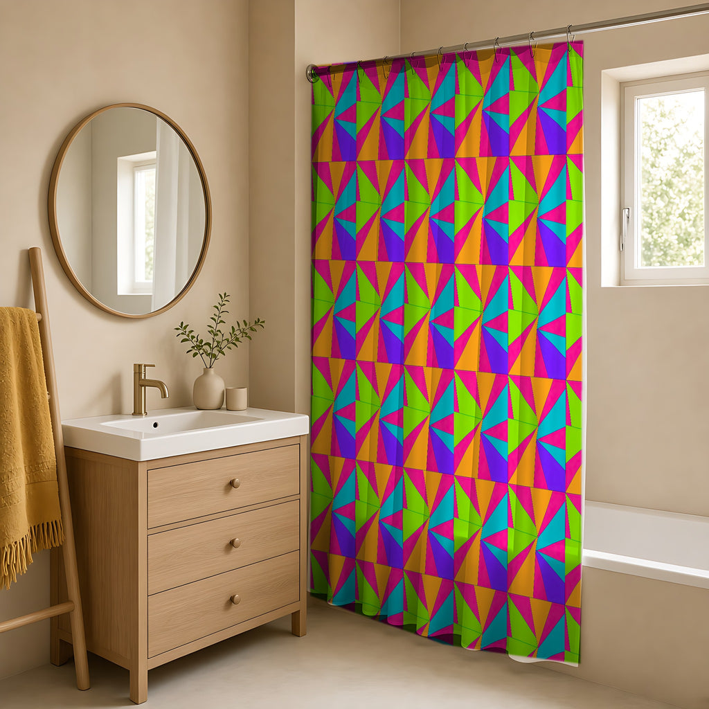 Cubist Sunburst Blocks Shower Curtain in a warm neutral bathroom with an oak vanity