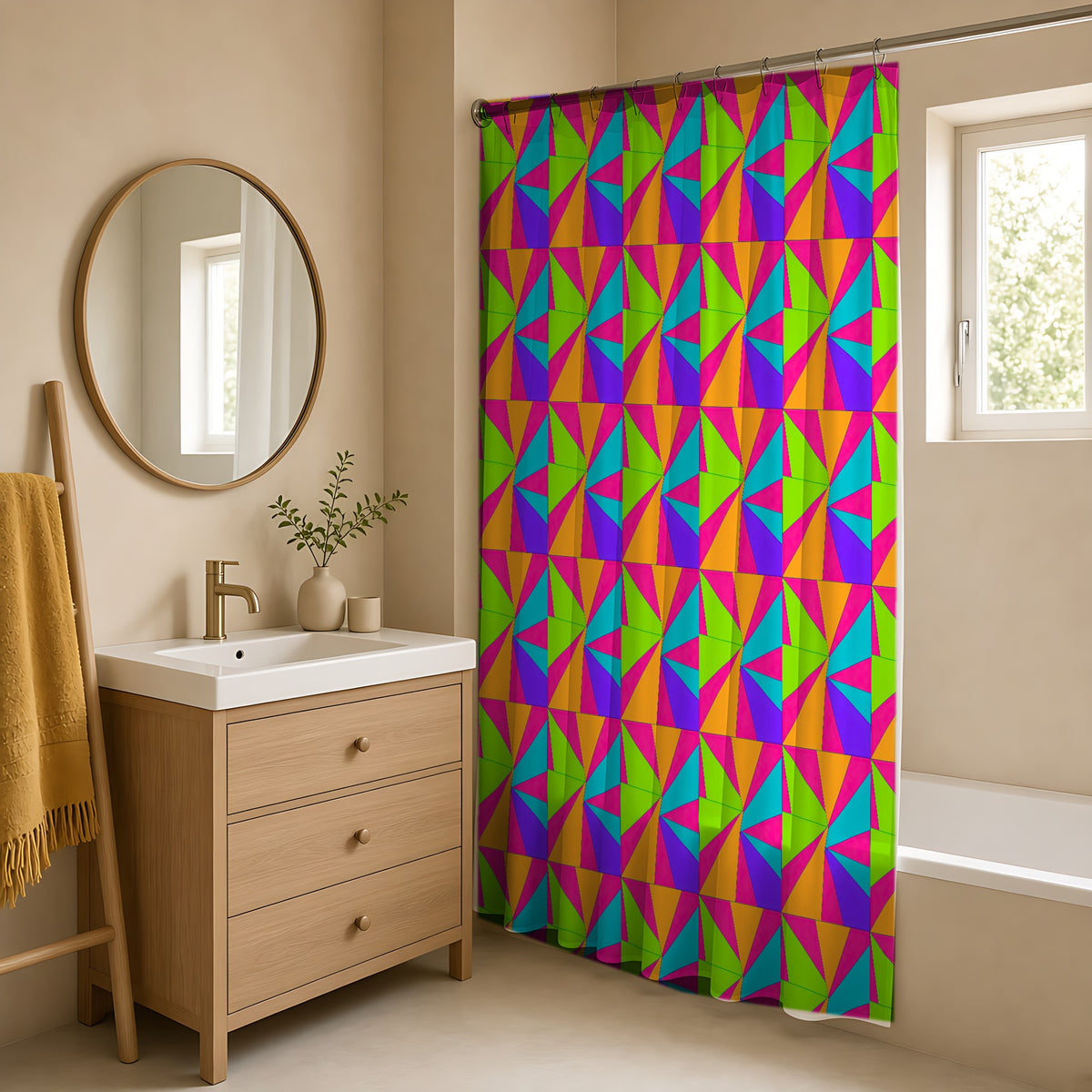 Cubist Sunburst Blocks Shower Curtain in a warm neutral bathroom with an oak vanity