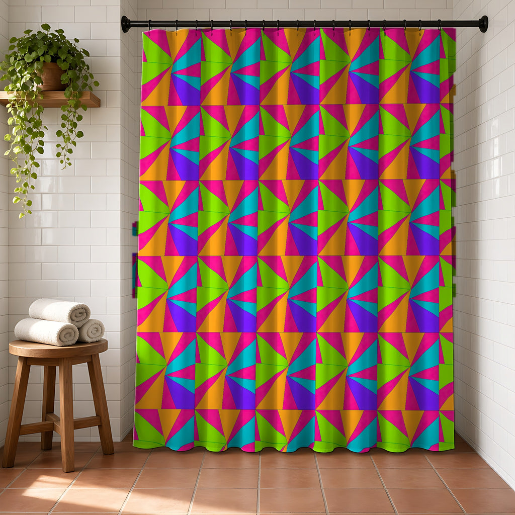 Cubist Sunburst Blocks Shower Curtain in a bright bathroom with white tiles and a terracotta floor