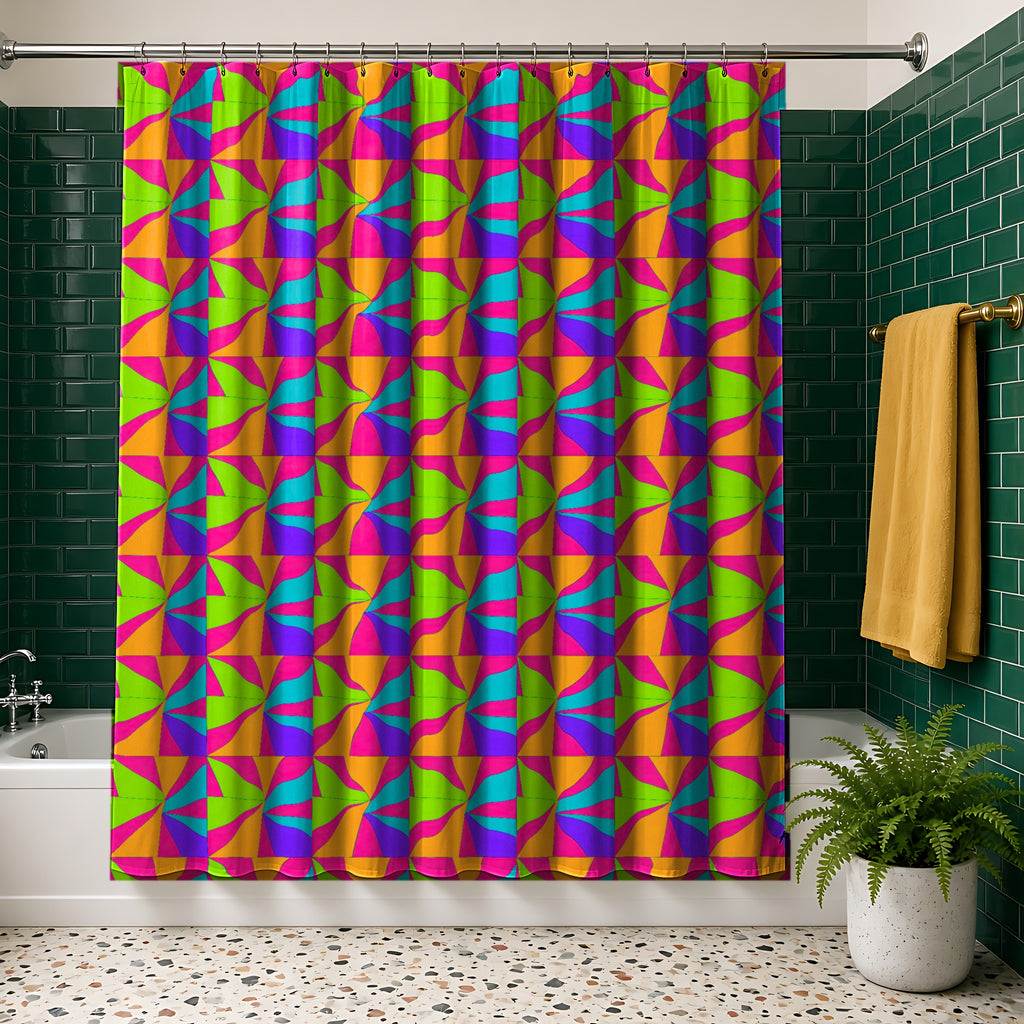 Cubist Sunburst Blocks Shower Curtain in the Tropical Punch palette, hanging in a bathroom with emerald tiles