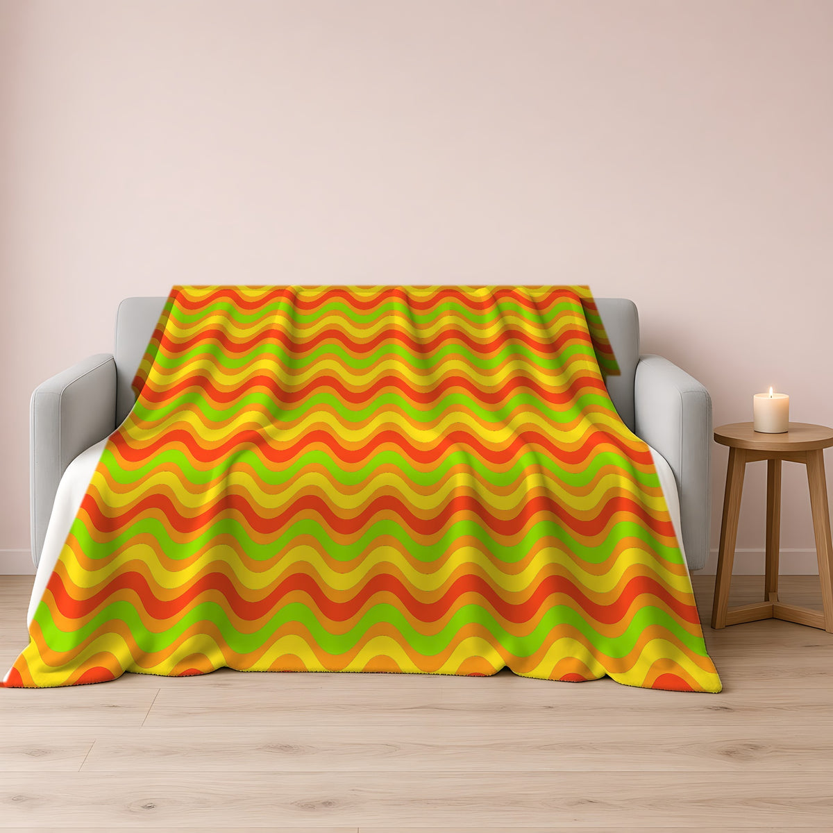 Wide Wave Interference Sherpa Fleece Blanket draped over a grey sofa