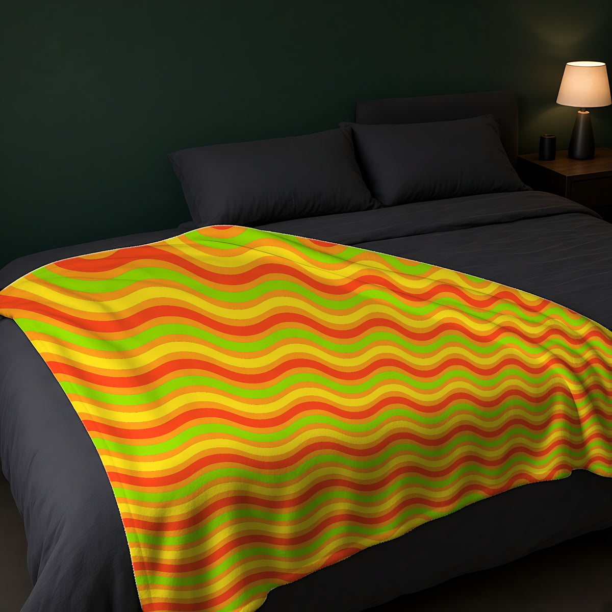 Wide Wave Interference Sherpa Fleece Blanket across the foot of a dark bed