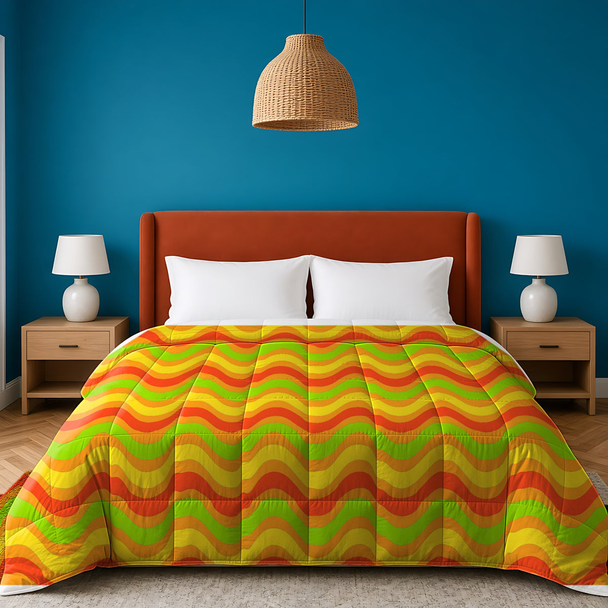 Wide Wave Interference Comforter in the Hot Citrus palette, on a bed with a rust headboard against a teal wall