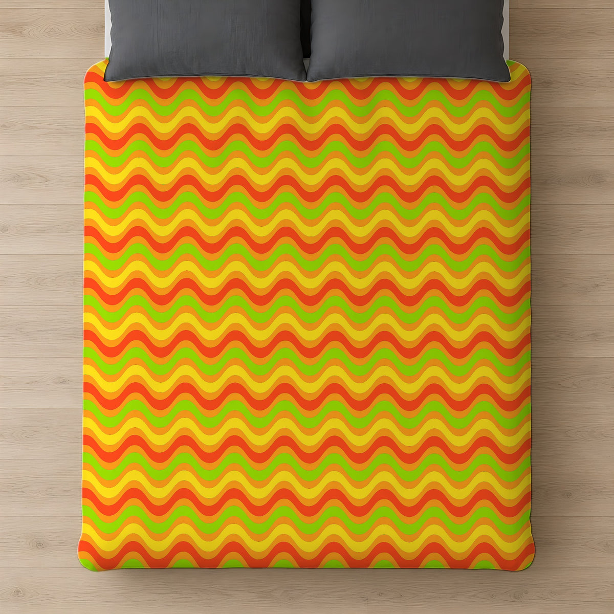 Wide Wave Interference Cotton Duvet Cover on a bed, seen from above