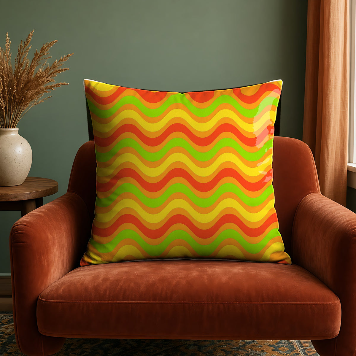 Wide Wave Interference Faux Suede Cushion in the Hot Citrus palette, on a rust velvet armchair against a sage wall