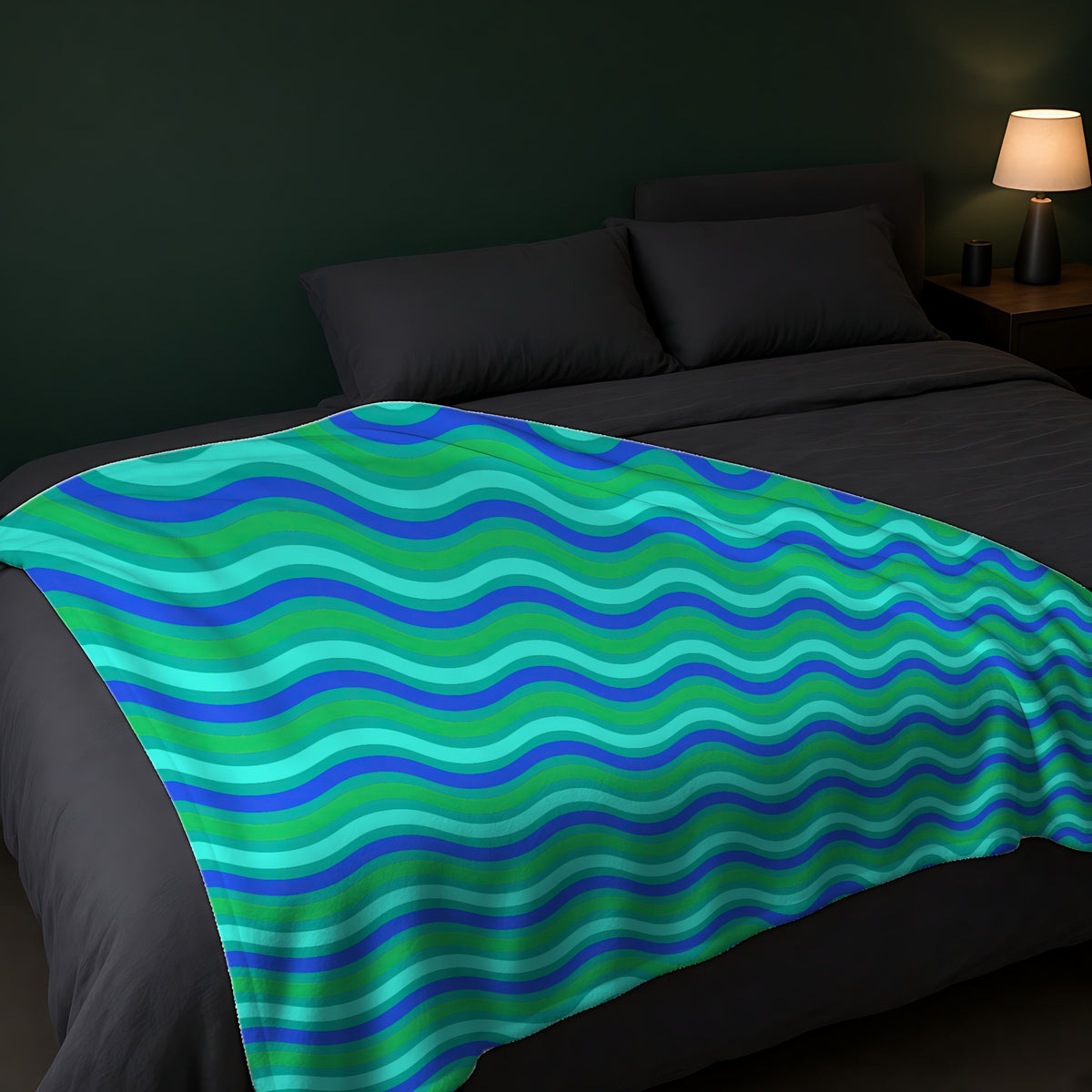 Wide Wave Interference Sherpa Fleece Blanket across the foot of a dark bed