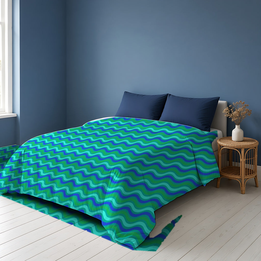 Wide Wave Interference Comforter on a bed in a Scandinavian blue bedroom