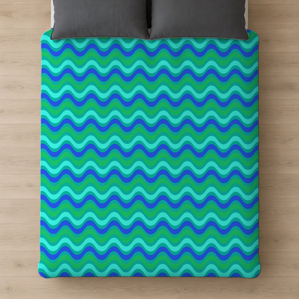 Wide Wave Interference Cotton Duvet Cover on a bed, seen from above