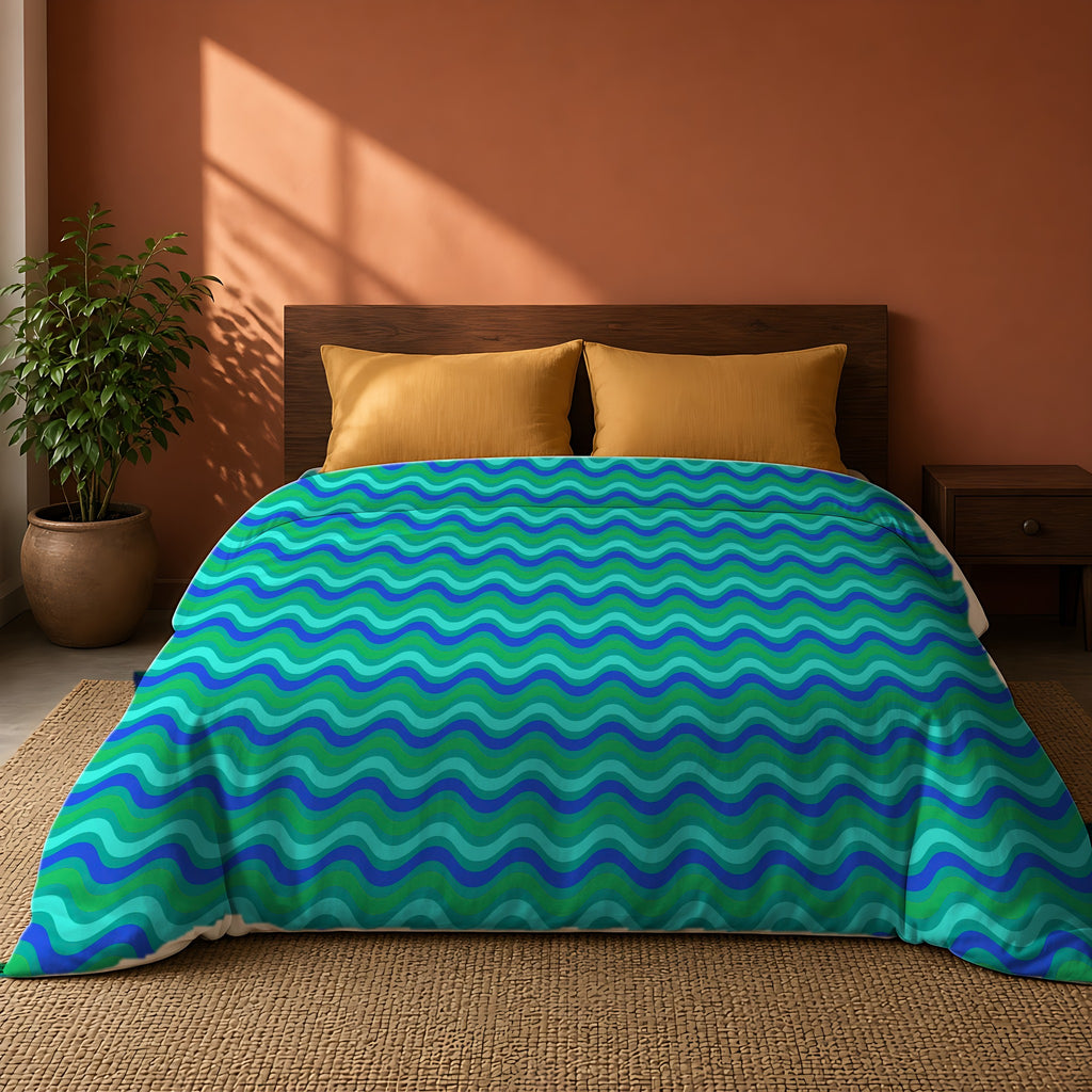 Wide Wave Interference Cotton Duvet Cover on a king bed against a warm terracotta wall