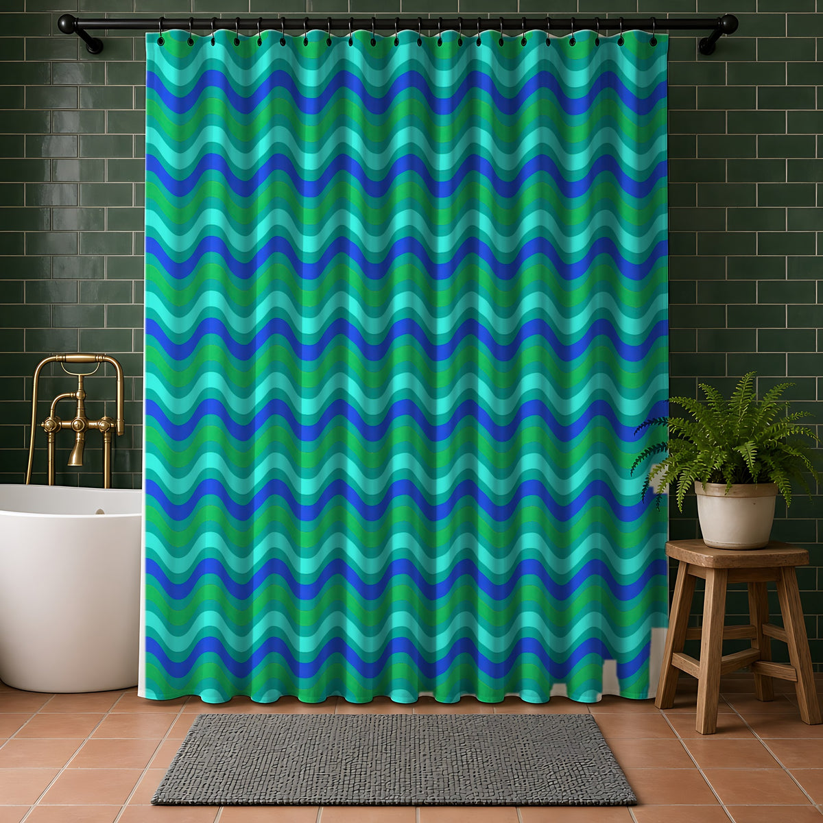 Wide Wave Interference Shower Curtain in a bathroom with dark green tiles