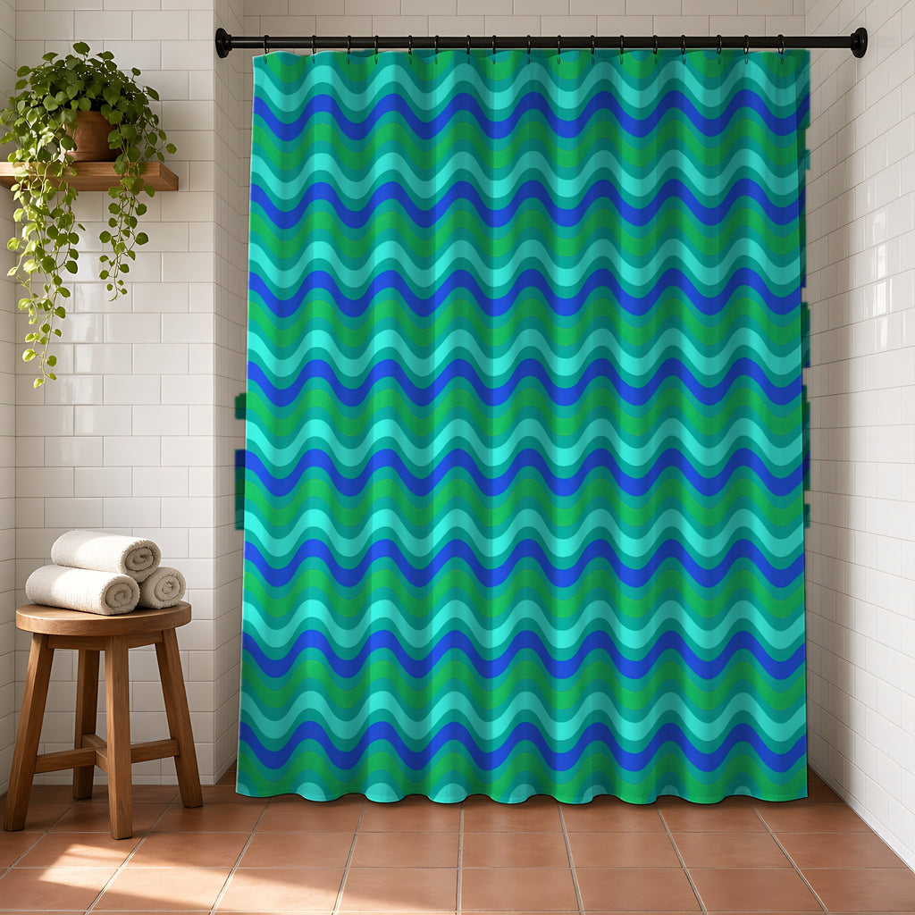 Wide Wave Interference Shower Curtain in a bright bathroom with white tiles and a terracotta floor
