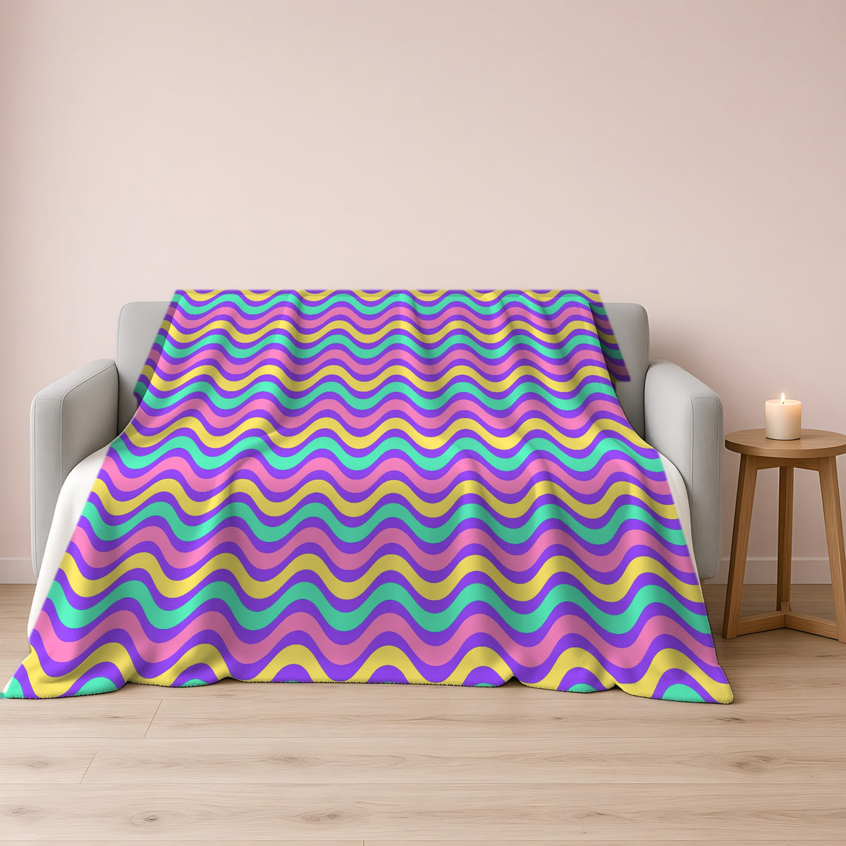 Wide Wave Interference Sherpa Fleece Blanket draped over a grey sofa