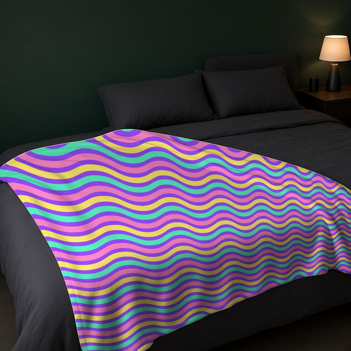Wide Wave Interference Sherpa Fleece Blanket across the foot of a dark bed