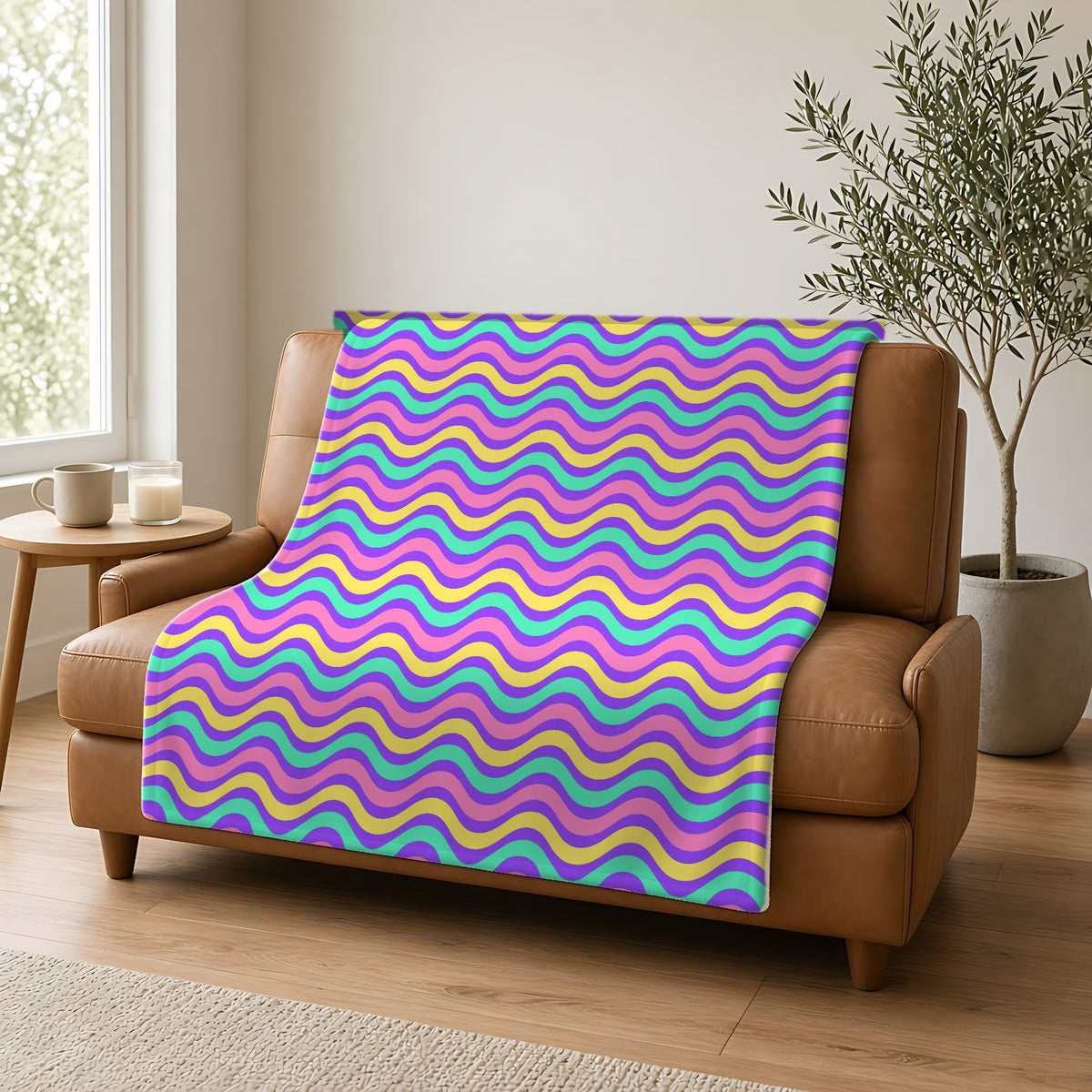 Wide Wave Interference Sherpa Fleece Blanket draped over a caramel leather sofa