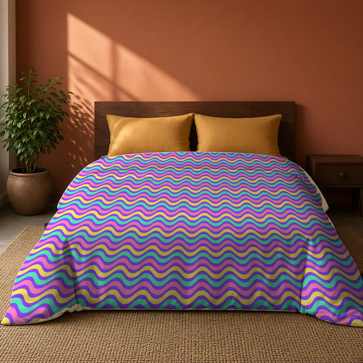 Wide Wave Interference Comforter on a king bed against a warm terracotta wall