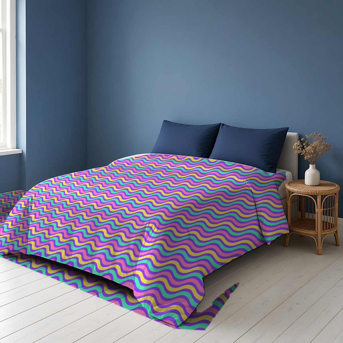 Wide Wave Interference Comforter on a bed in a Scandinavian blue bedroom