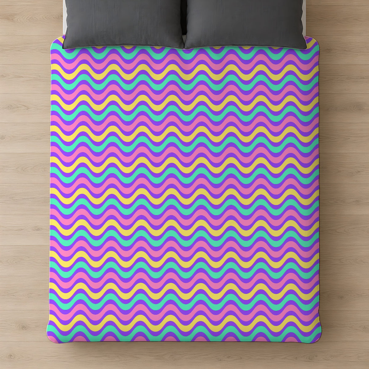 Wide Wave Interference Cotton Duvet Cover on a bed, seen from above