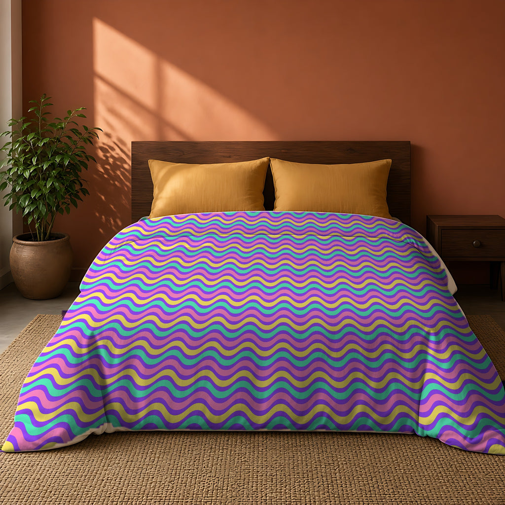 Wide Wave Interference Cotton Duvet Cover on a king bed against a warm terracotta wall