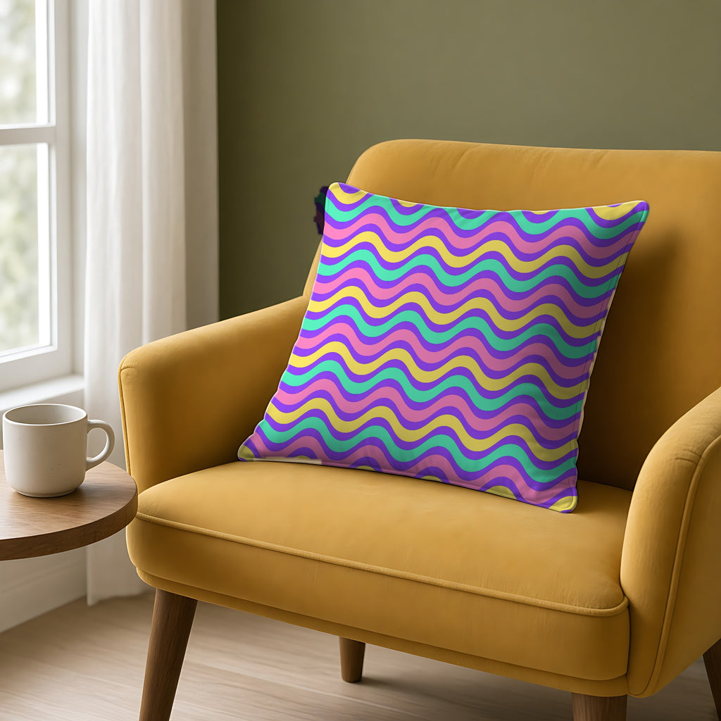 Wide Wave Interference Faux Suede Cushion on a mustard armchair by a window