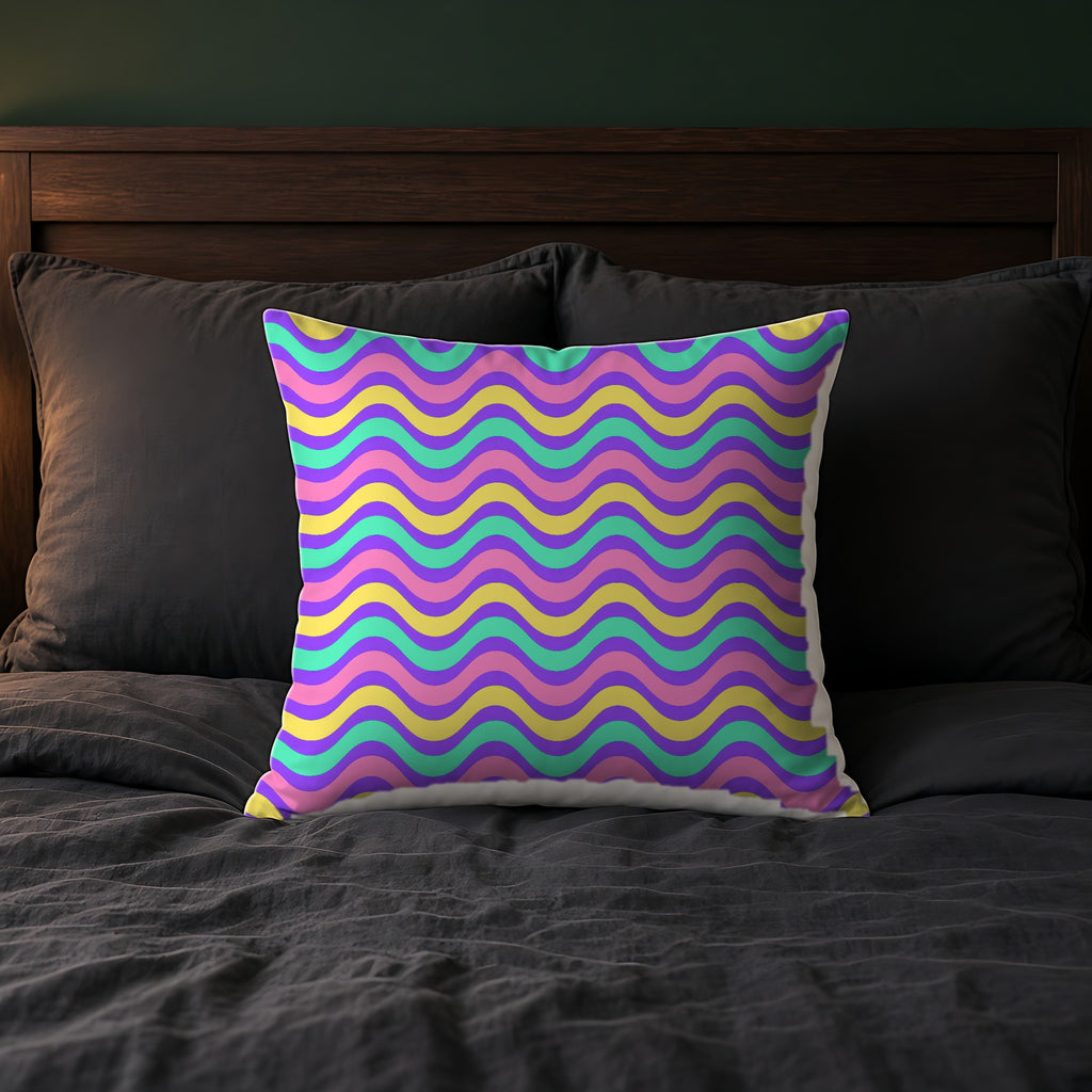 Wide Wave Interference Faux Suede Cushion on a bed with charcoal bedding