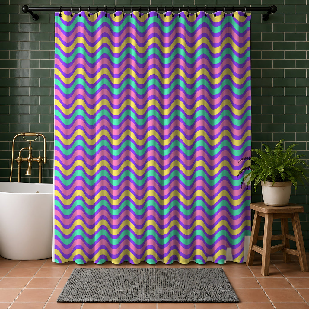Wide Wave Interference Shower Curtain in a bathroom with dark green tiles