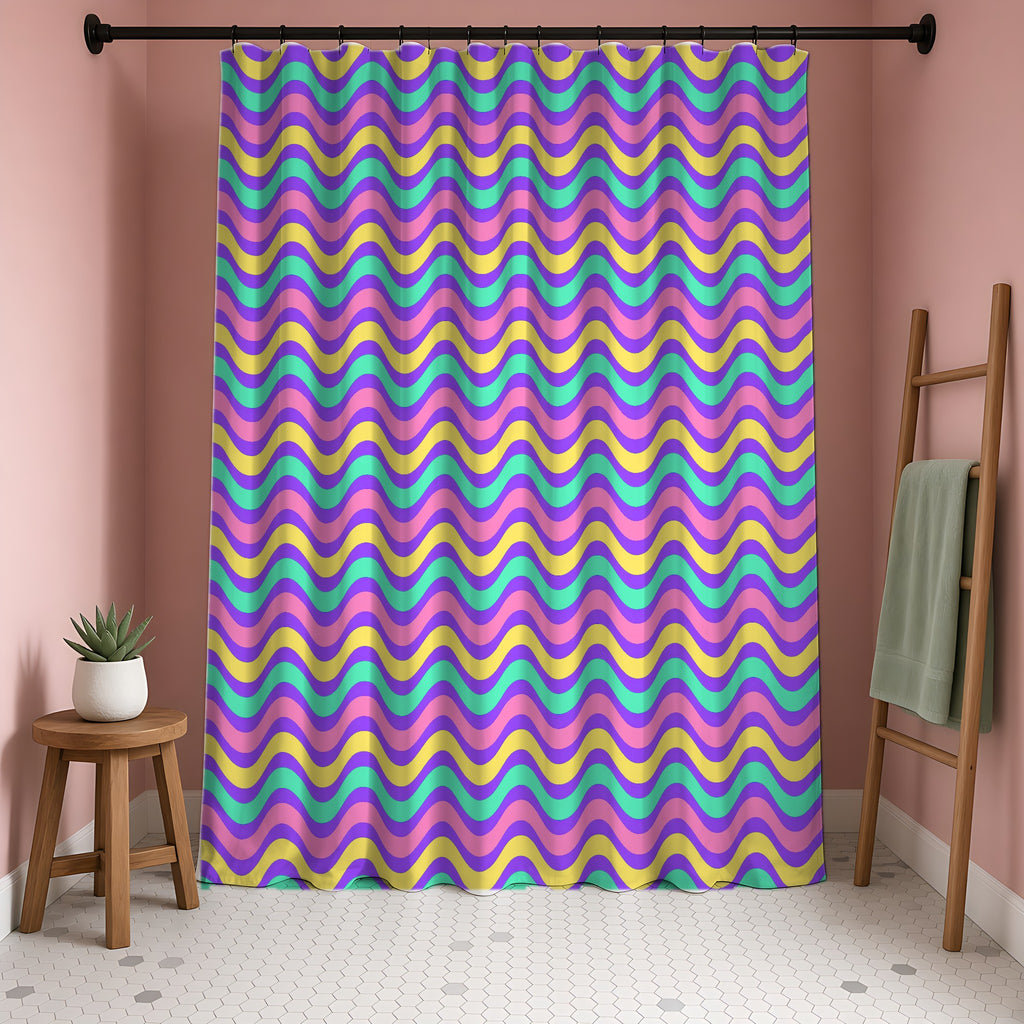 Wide Wave Interference Shower Curtain in a blush-pink bathroom