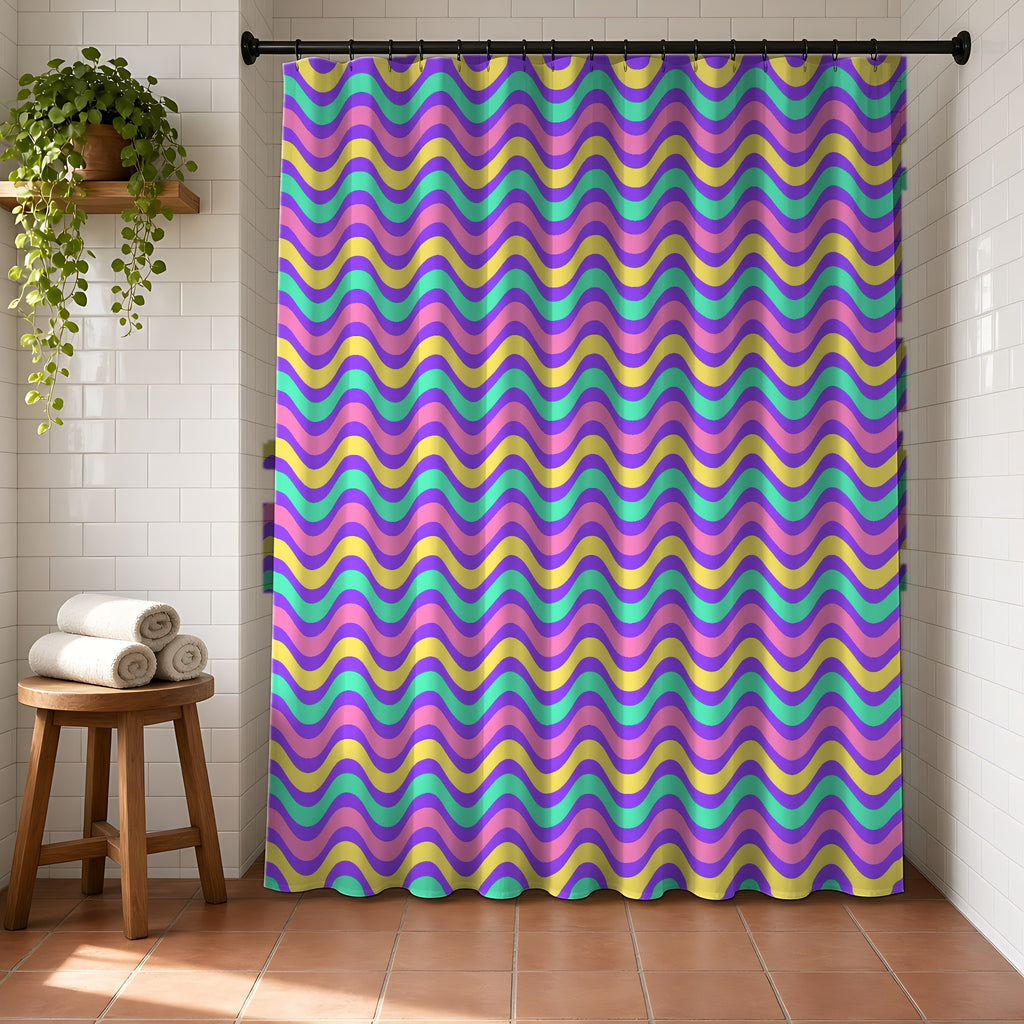 Wide Wave Interference Shower Curtain in a bright bathroom with white tiles and a terracotta floor