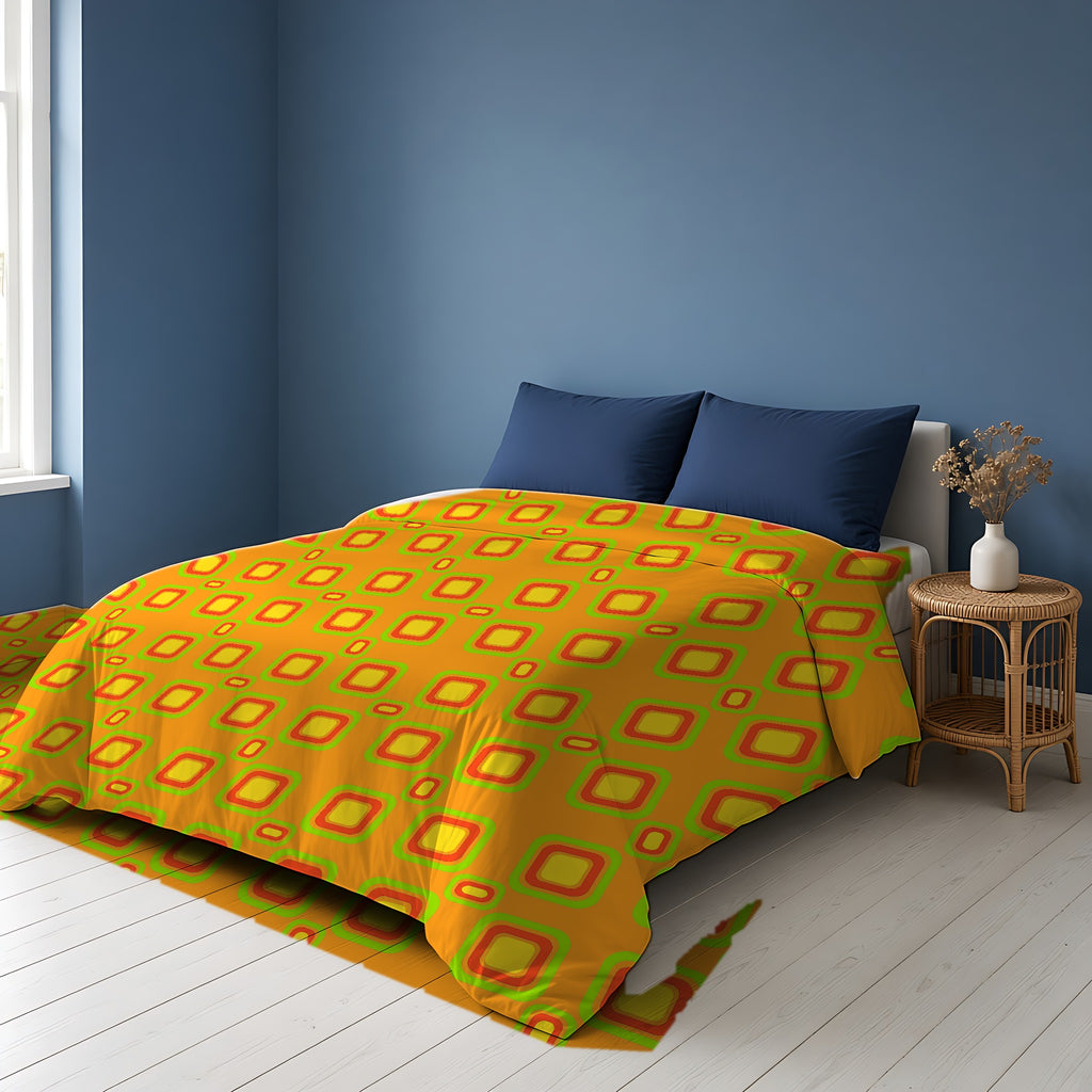 Big Ripple Squares Comforter on a bed in a Scandinavian blue bedroom