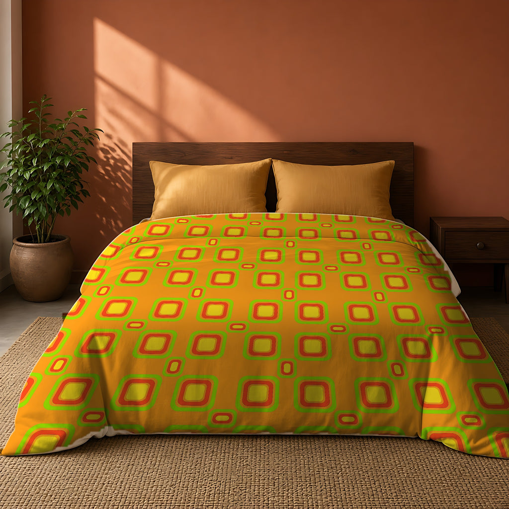 Big Ripple Squares Cotton Duvet Cover on a king bed against a warm terracotta wall