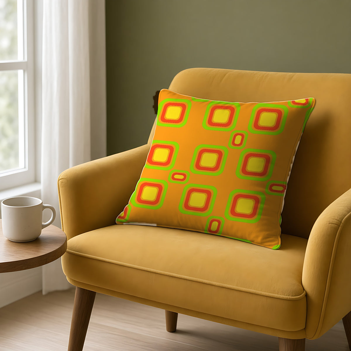 Big Ripple Squares Faux Suede Cushion on a mustard armchair by a window