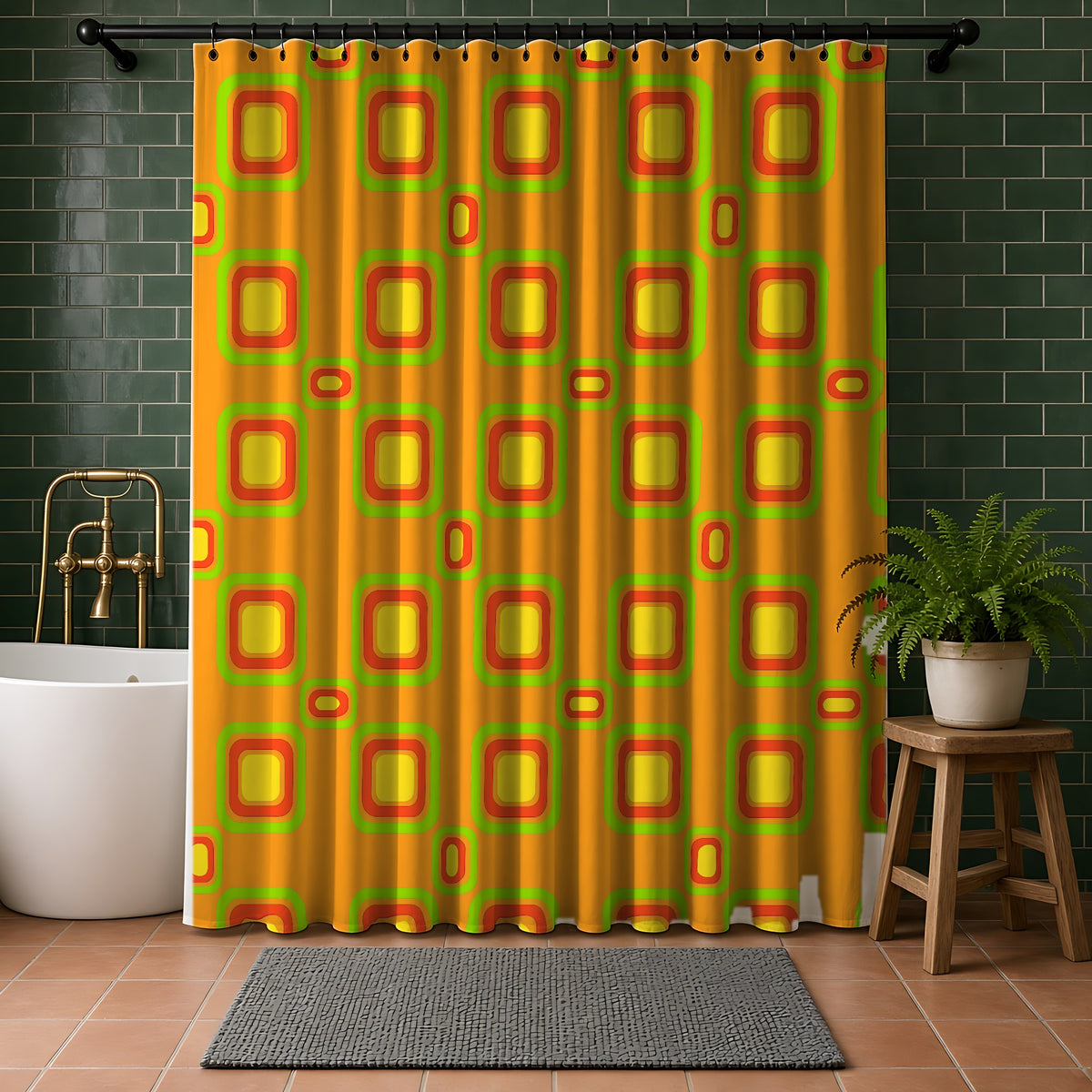 Big Ripple Squares Shower Curtain in a bathroom with dark green tiles