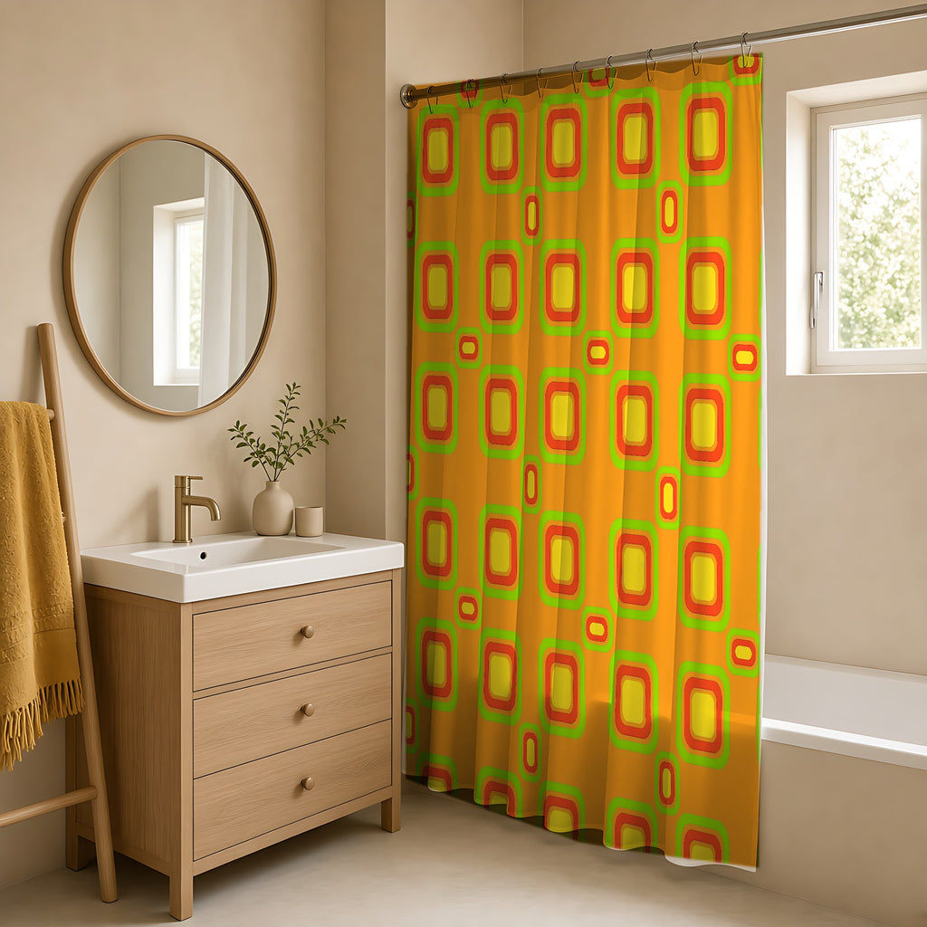 Big Ripple Squares Shower Curtain in a warm neutral bathroom with an oak vanity