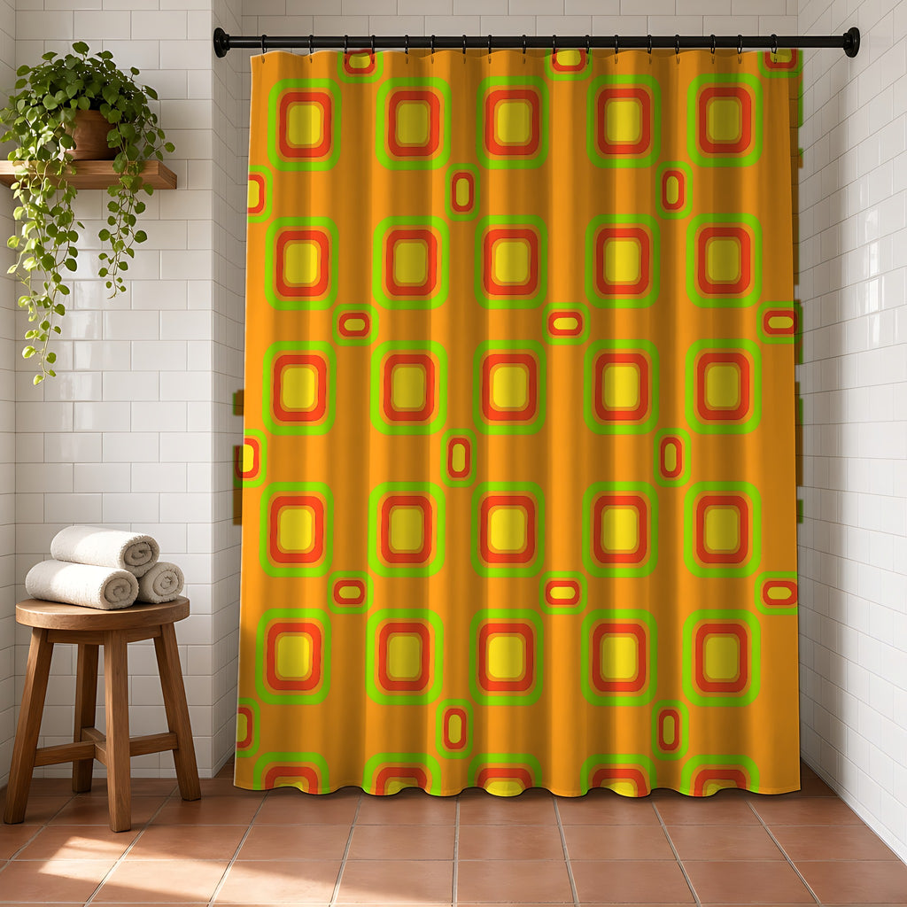 Big Ripple Squares Shower Curtain in a bright bathroom with white tiles and a terracotta floor
