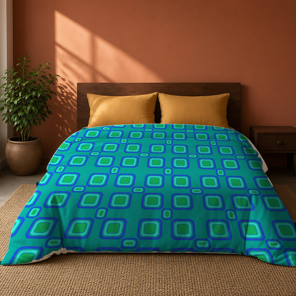 Big Ripple Squares Comforter on a king bed against a warm terracotta wall