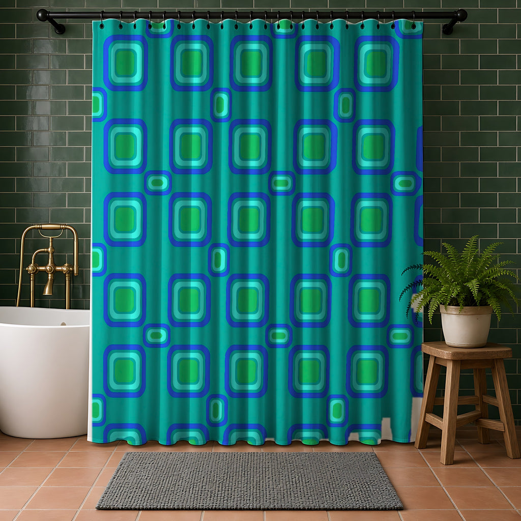 Big Ripple Squares Shower Curtain in a bathroom with dark green tiles