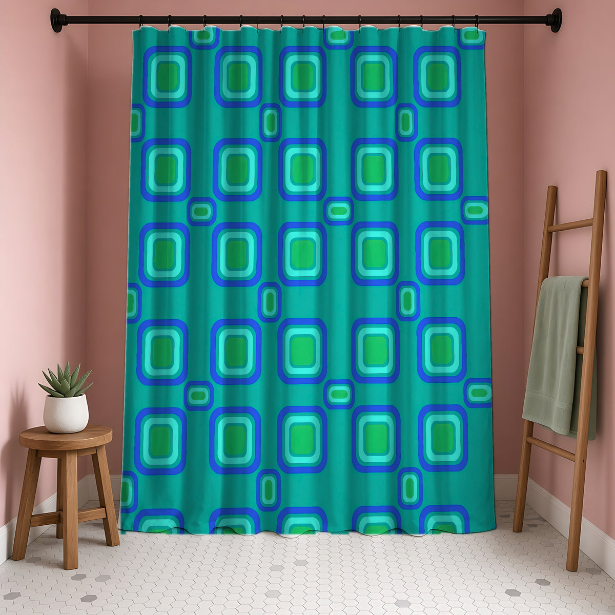 Big Ripple Squares Shower Curtain in a blush-pink bathroom