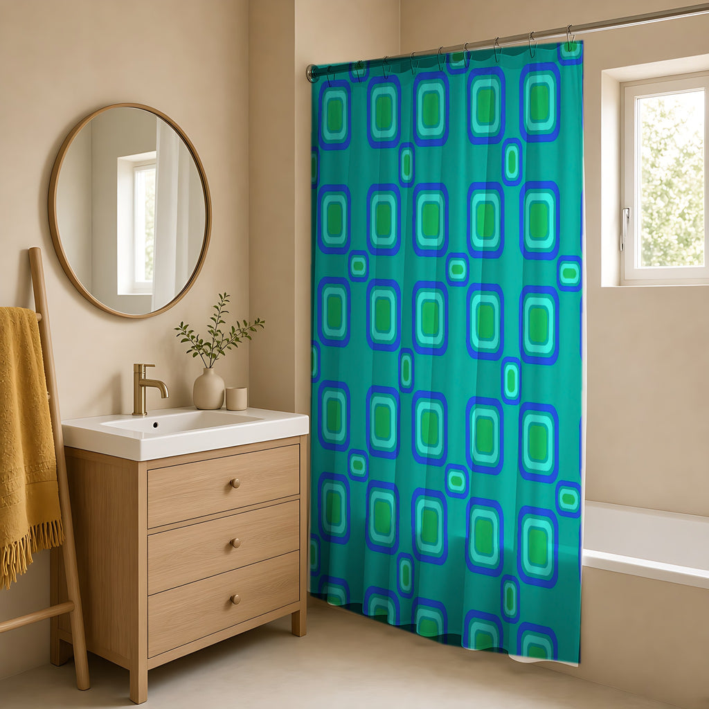 Big Ripple Squares Shower Curtain in a warm neutral bathroom with an oak vanity