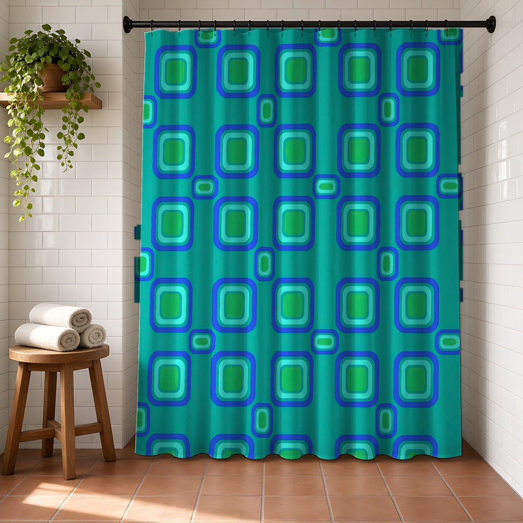 Big Ripple Squares Shower Curtain in a bright bathroom with white tiles and a terracotta floor